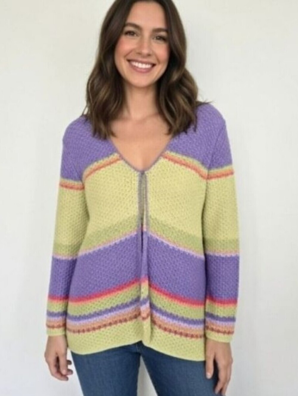 First Issue By Liz Claiborne Pastel Striped Knit Cardigan Sweater Size L